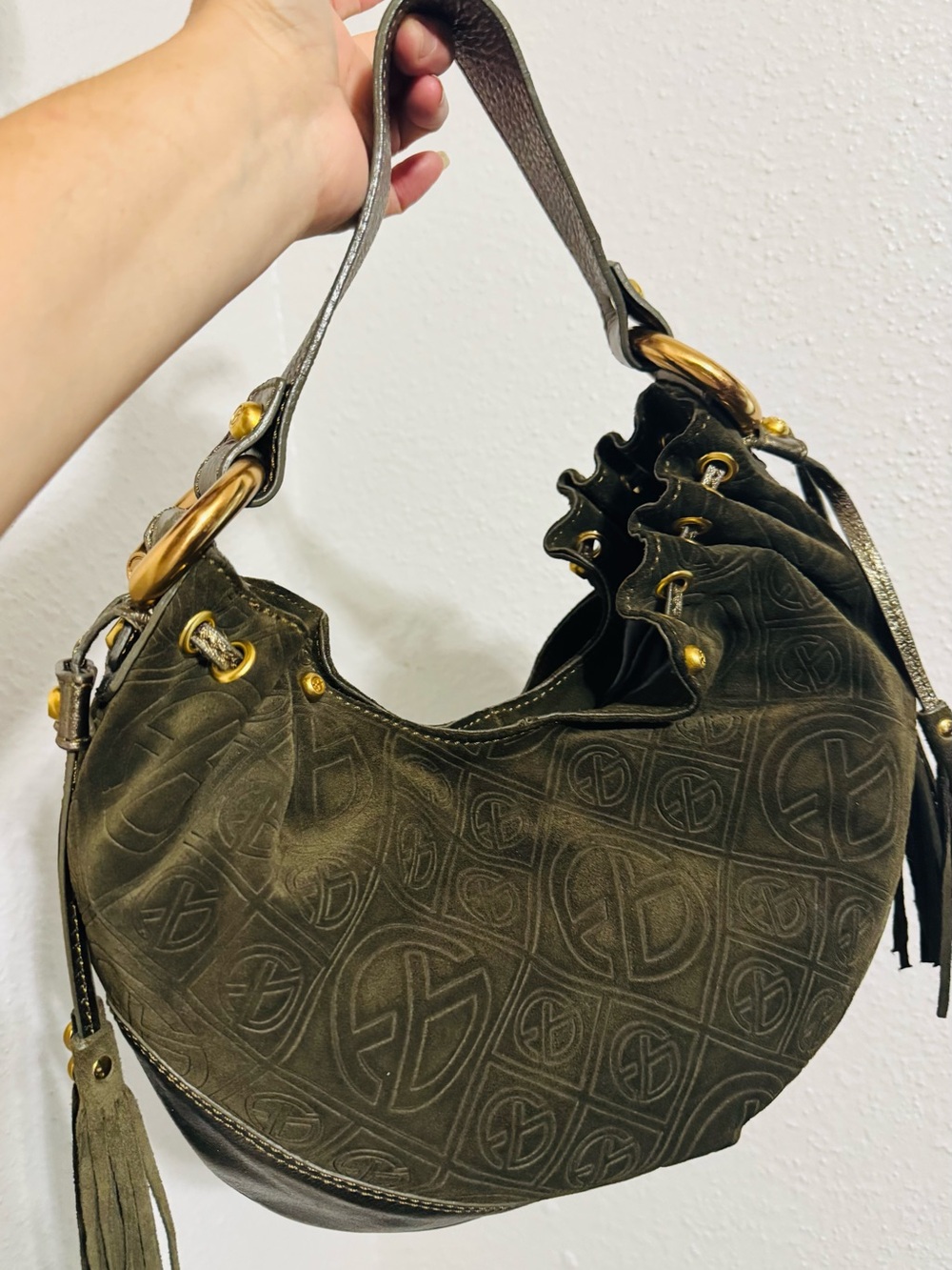 Francesco Biasia Olive Green Logo-Embossed Hobo Bag with Gold Hardware